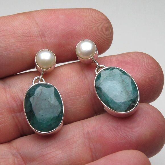 *925 Sterling Silver Genuine Emerald & PearlEarring Studs